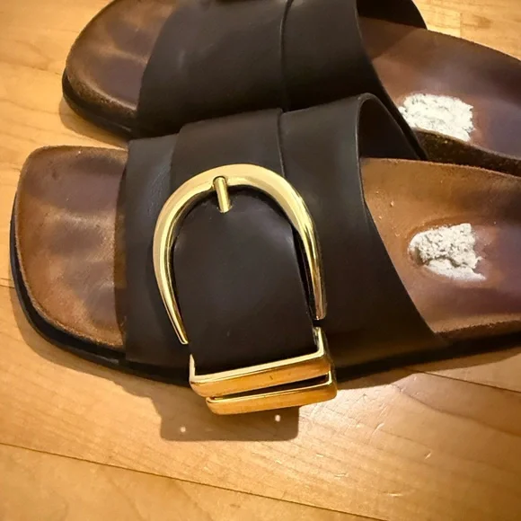 Khaite Brown Slide Sandals with Gold Buckle - Picture 4 of 6